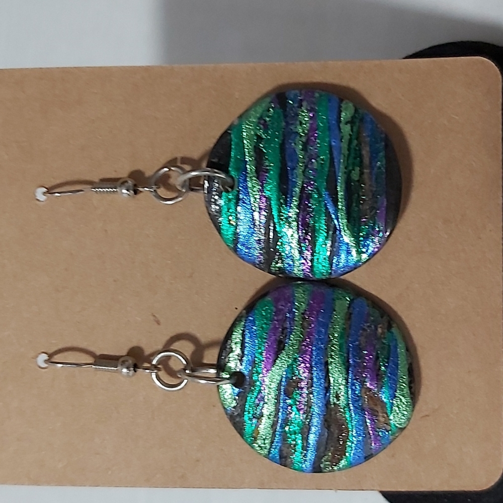 Sparkle multi-color wooden earrings. See photos for measurements.